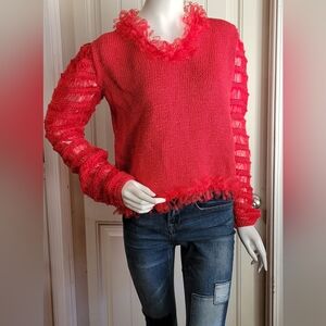80s Vintage Red V-Neck Sweater with Sheer Ribbin Accents